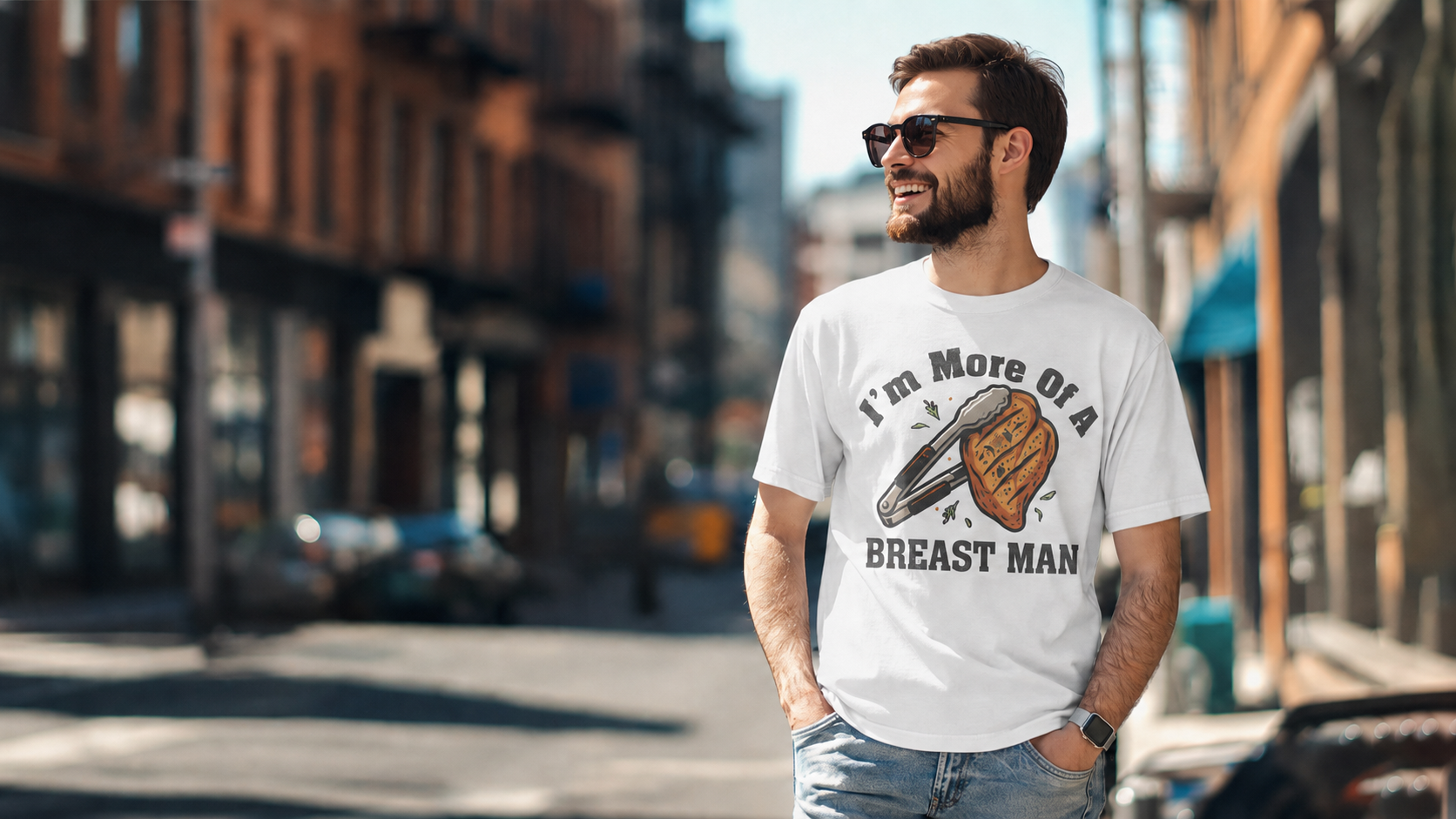 Man wearing a white t-shirt with a graphic and text on a city street.1621243260e1af0c20-0